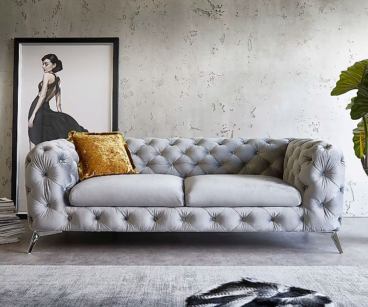 Couch Corleone 225x97 cm Samt Grau 3-Sitzer Sofa günstig online kaufen