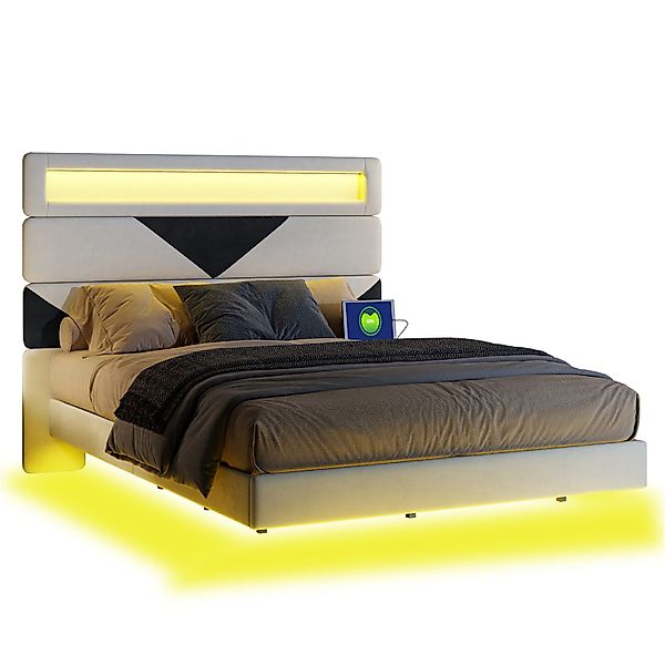 FUROKOY Polsterbett LED Licht Doppelbett Samt günstig online kaufen