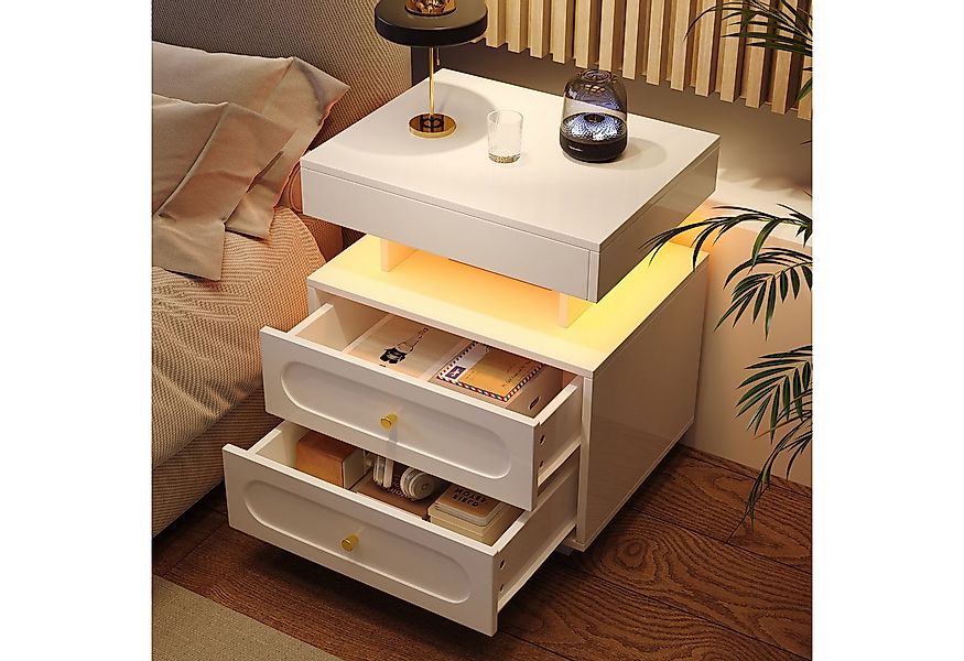 MODFU Nachttisch Nachtschrank mit LED-Beleuchtung (Nachtkommode mit 2 Schub günstig online kaufen