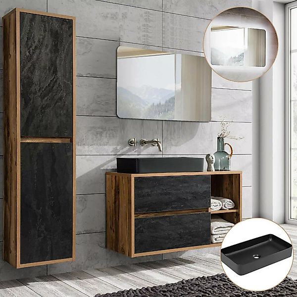 Badezimmermöbel Set mit Keramik-Waschtisch und LED-Spiegel HARLOW-56 Eiche günstig online kaufen