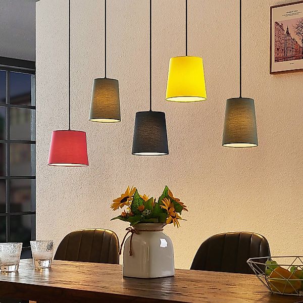 Lindby Hängelampe Amilia, Stoff, 5-flg., rot/grau/gelb, E27 günstig online kaufen