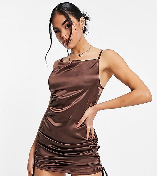 Rebellious Fashion – Minikleid aus Satin in Schokoladenbraun mit Wasserfall günstig online kaufen
