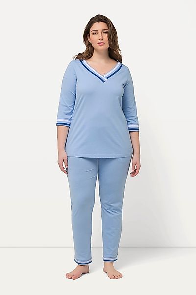 Ulla Popken Pyjama Schlafanzug Streifendetails V-Ausschnitt günstig online kaufen