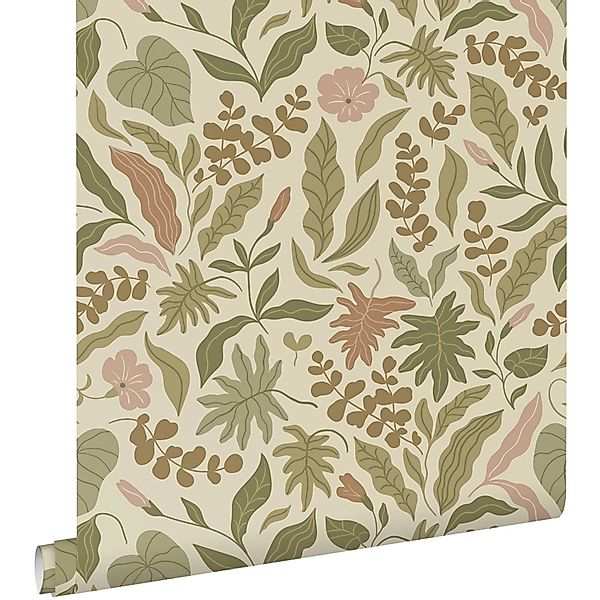 ESTAhome Tapete Blätter und Blumen Olivgrün Terrakotta und Rosa 50 x 900 cm günstig online kaufen
