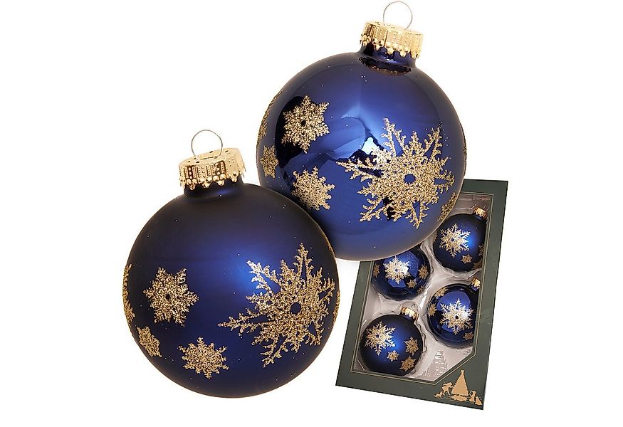 Krebs Glas Lauscha Weihnachtsbaumkugel Glaskugel 4er Set - Blau mit goldene günstig online kaufen