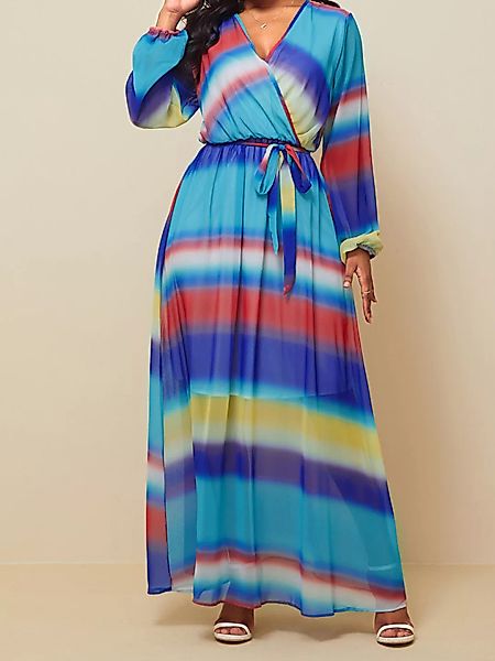 Vintage Gestreifter Maxi mit elastischem Ärmel und V-Ausschnitt Kleid Mit G günstig online kaufen