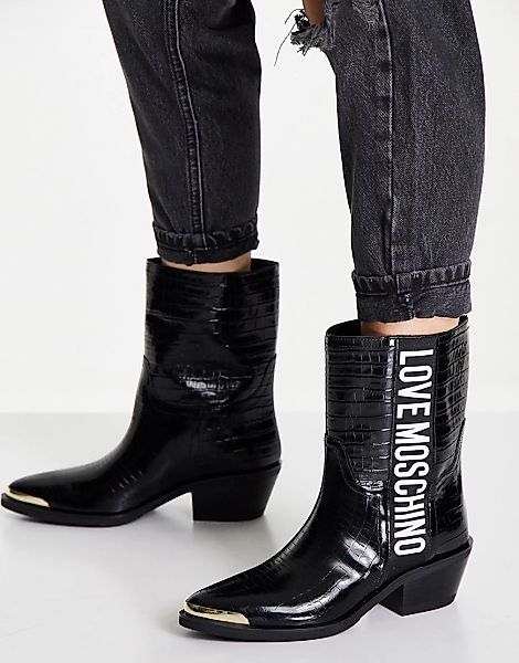 Love Moschino – Ankle-Boots im Western-Stil in Schwarz mit Absatz und Metal günstig online kaufen