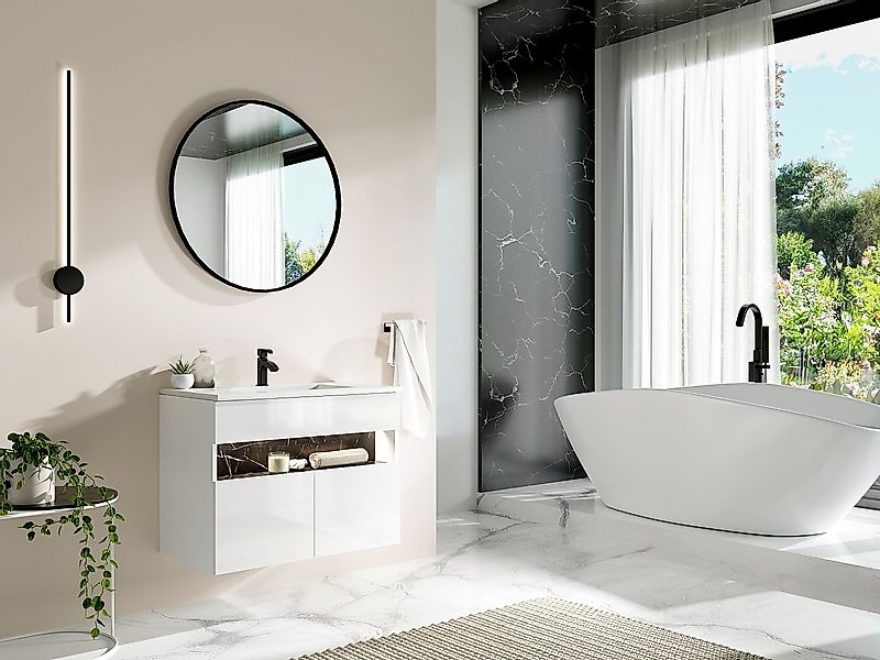 Waschbeckenunterschrank hängend mit Einbauwaschbecken - mit LED-Beleuchtung günstig online kaufen