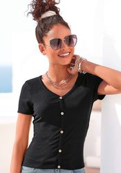 LASCANA Kurzarmshirt aus Rippware mit Zierknopfleiste, T-Shirt, V-Ausschnit günstig online kaufen