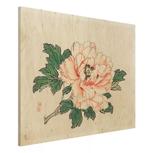 Holzbild Blumen - Querformat 4:3 Asiatische Vintage Zeichnung Rosa Chrysant günstig online kaufen