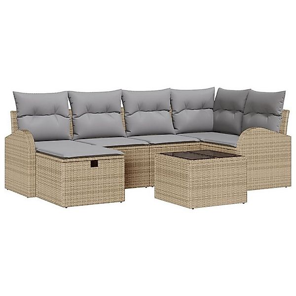 vidaXL Loungesofa 7-teiliges Garten-Sofa-Set mit Kissen Beige Poly Rattan, günstig online kaufen