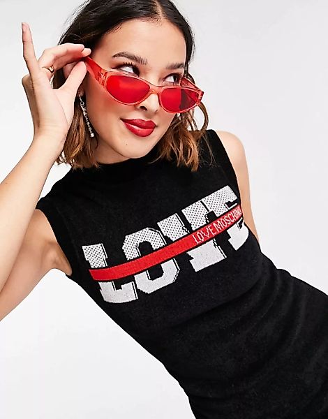Love Moschino – Ärmelloses Strickkleid in Schwarz mit Logo günstig online kaufen