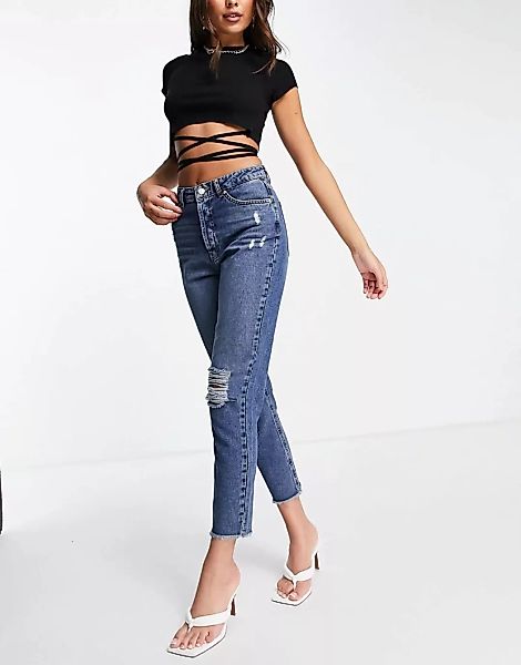 NA-KD – Jeans in Dunkelblau mit hohem Bund und Zierrissen an den Knien günstig online kaufen