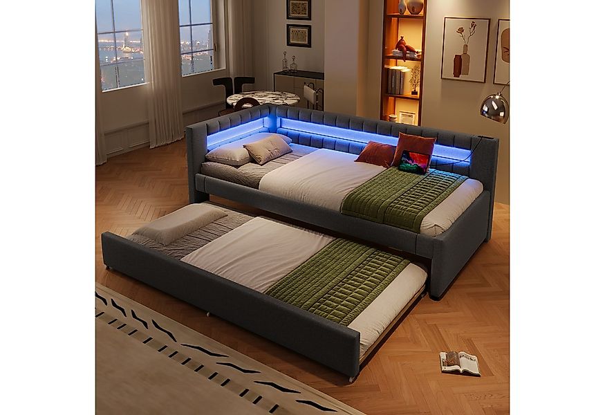 Flieks Daybett, LED Polsterbett 90x200cm mit Ausziehbett 90x190cm und Ladef günstig online kaufen