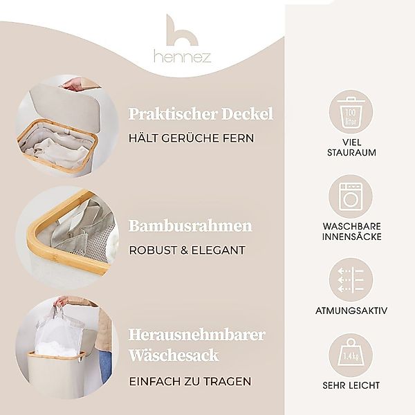 HENNEZ Wäschekorb mit Griff aus Bambus, 100 l – Wäschekorb mit Deckel, Dunk günstig online kaufen