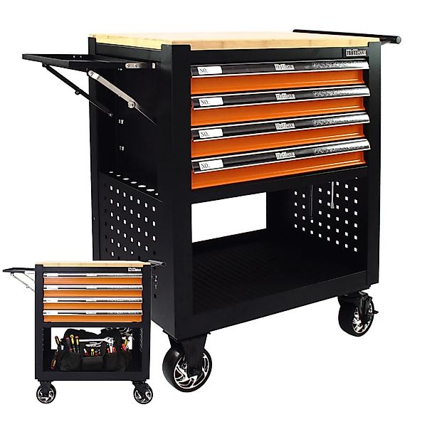 TRUTZHOLM Werkstattwagen 4 Schubladen Leer Hartholz Arbeitsplatte Orange günstig online kaufen