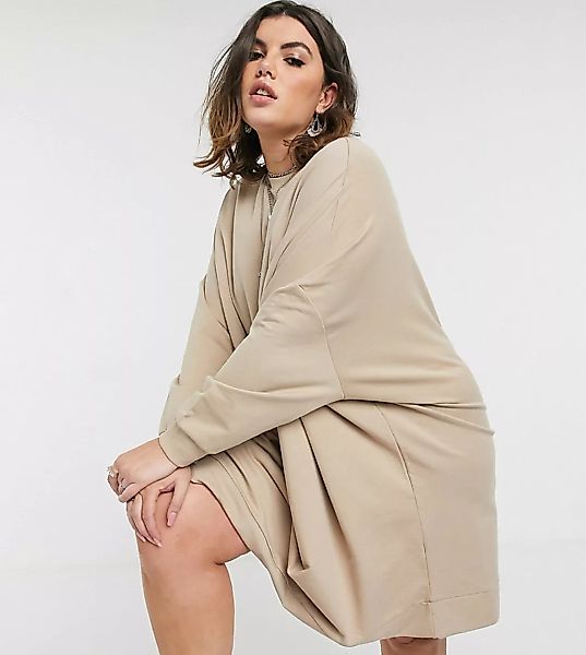ASOS DESIGN Curve – Übergroßes Mini-Sweatshirtkleid in Kamel-Neutral günstig online kaufen