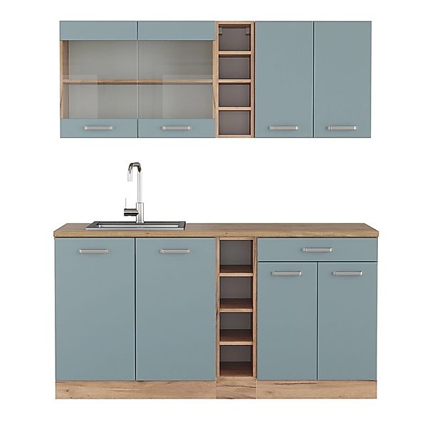 Vicco R-Line Singleküche Blau-Grau/Goldkraft Eiche 160 cm AP Eiche günstig online kaufen