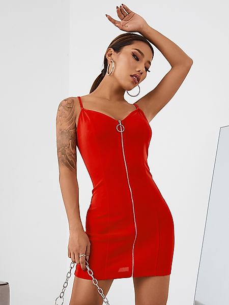 Reißverschluss vorne Rückenfreies Design V-Ausschnitt Ärmellos Kleid günstig online kaufen