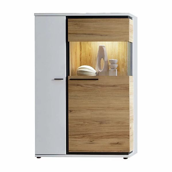 Highboard Vitrine in weiß mit Eiche Nb. SANDVIKA-129 inkl. Beleuchtung B/H/ günstig online kaufen