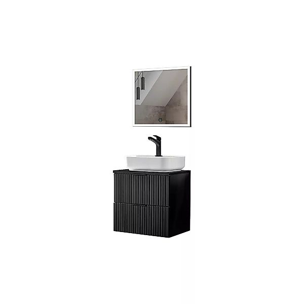 Waschplatz Set, 61cm breit, mit LED-Spiegel, gerillte Front, matt schwarz, günstig online kaufen