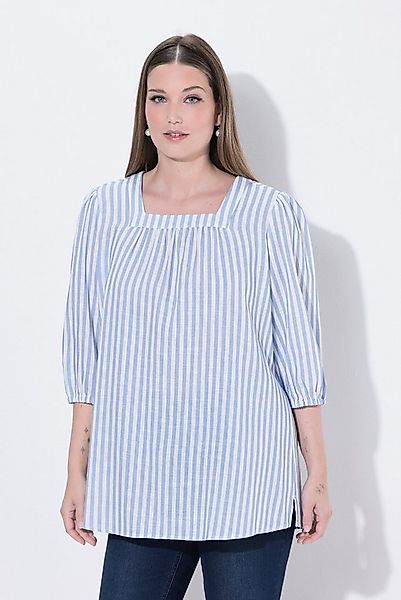 Ulla Popken Longbluse Bluse Streifen Carré-Ausschnitt 3/4-Arm Leinenmix günstig online kaufen