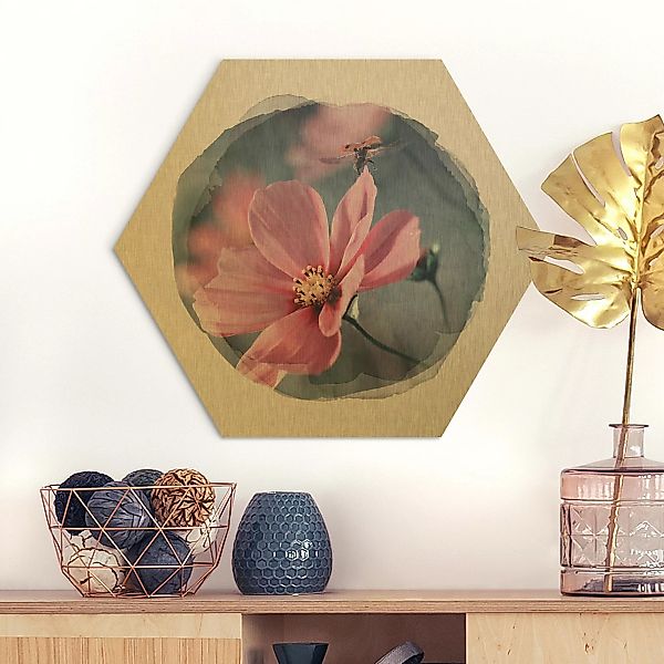 Hexagon-Alu-Dibond Bild Blumen Wasserfarben - Marienkäfer beim Start günstig online kaufen