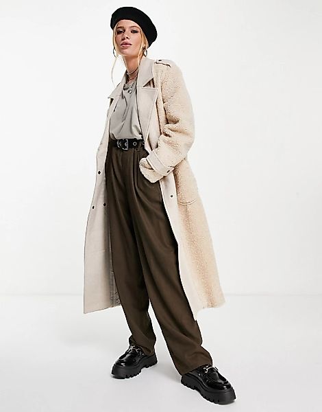 Object – Zweireihiger Oversize-Mantel aus Teddyfell mit Einsätzen-Grau günstig online kaufen