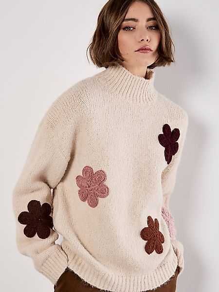 Apricot Rundhalspullover Strickpullover, mit großen Blüten günstig online kaufen