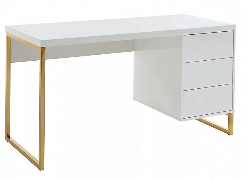 Schreibtisch mit 3 Schubladen - MDF lackiert & Metall - Weiß & Goldfarben - günstig online kaufen