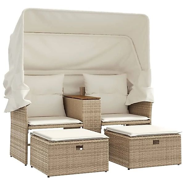 vidaXL Gartensofa 2-Sitzer mit Dach und Hockern Beige Poly Rattan 365802 günstig online kaufen