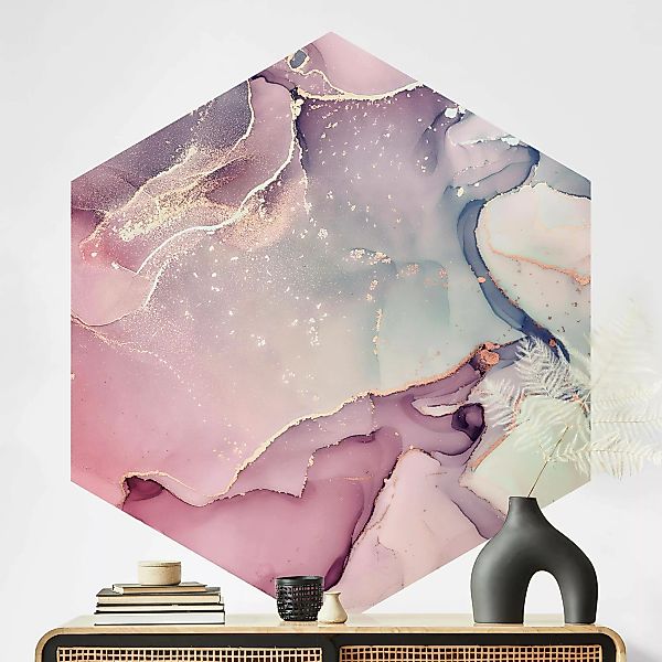 Hexagon Tapete selbstklebend Aquarell Pastell Rosa mit Gold günstig online kaufen