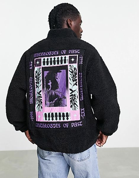 ASOS DESIGN – Oversize-Sweatshirt aus Teddyfell in Schwarz mit kurzem Reißv günstig online kaufen