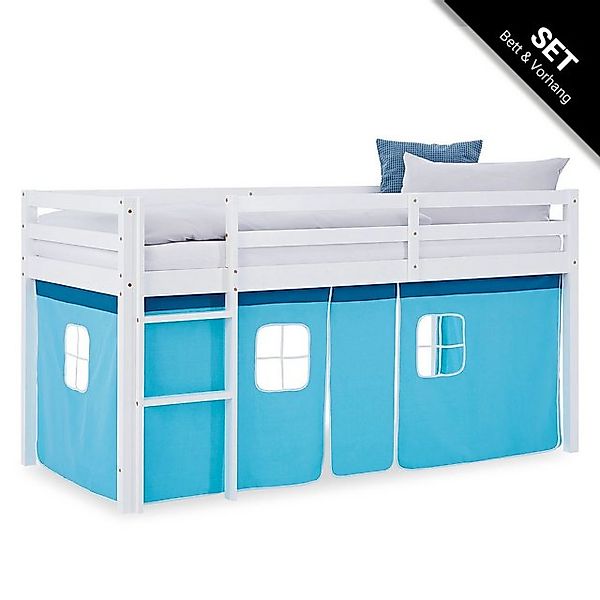 Homestyle4u Hochbett 90x200 Kinderbett Weiß Vorhang Blau für 1 Kind Kiefer günstig online kaufen