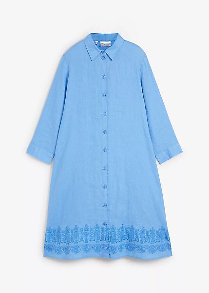Hemdblusenkleid aus reinem Leinen mit Lochstickerei günstig online kaufen