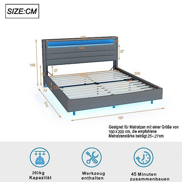 Flieks Polsterbett, LED Doppelbett 160x200cm mit USB-Laden und Stauraum am günstig online kaufen