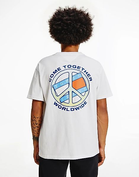 Tommy Jeans – T-Shirt in Weiß mit „Together world peace“-Rückenprint günstig online kaufen