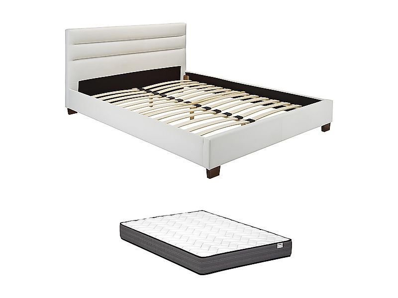 Polsterbett - 140 x 190 cm - Kunstleder - Weiß + Matratze - FAUSTIN günstig online kaufen
