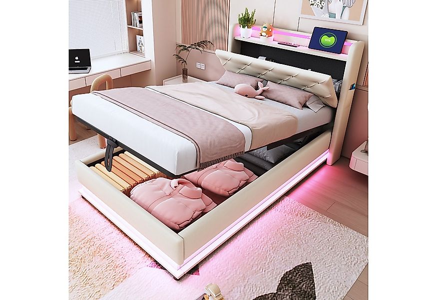 Flieks Polsterbett, LED Hydraulisches Stauraumbett Einzelbett mit Ladefunkt günstig online kaufen