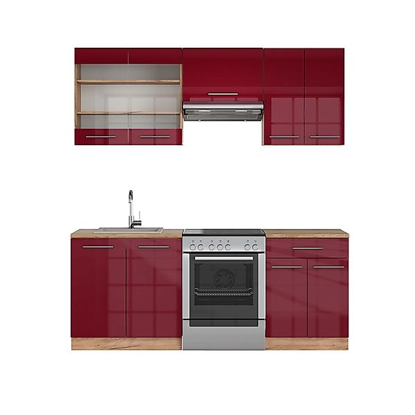 Vicco Fame-Line Küchenzeile Bordeaux Hochglanz/Goldkraft Eiche 200 cm ohne günstig online kaufen