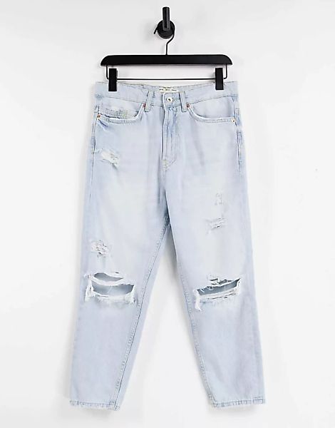 Pull&Bear – Locker geschnittene Jeans mit Zierrissen in Hellblau günstig online kaufen
