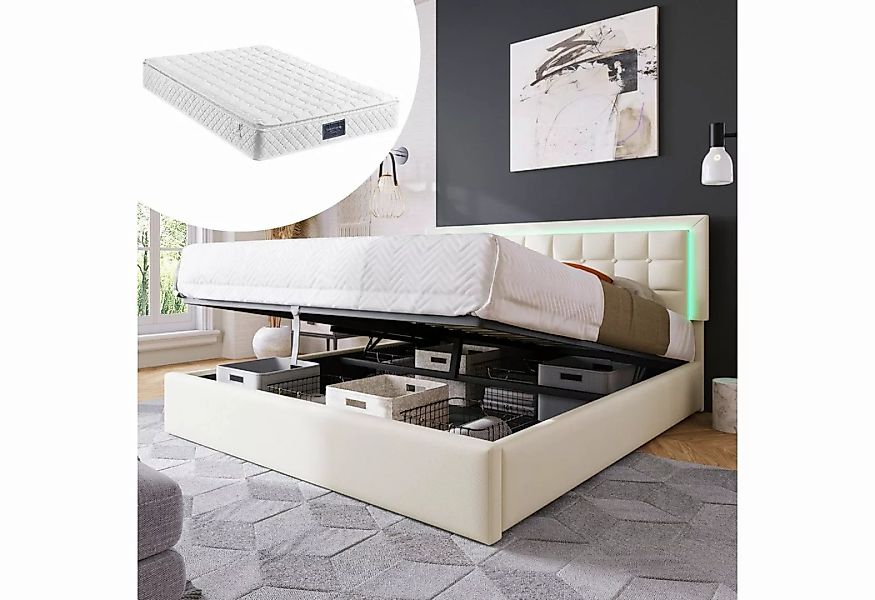 REDOM Polsterbett Leder Doppelbett Bett Funktionsbett Hydraulisch mit LED L günstig online kaufen