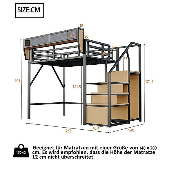 BlingBin Hochbett Jugendbett 140x200 cm mit Treppe und Stauraum (1er Set, 1 günstig online kaufen