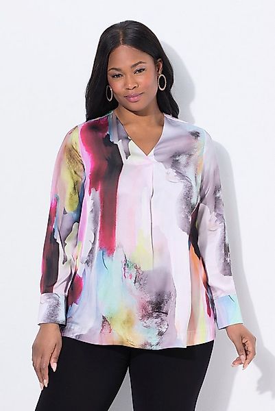 Ulla Popken Satinbluse Seiden-Tunika Aquarell-Design V-Ausschnitt Langarm günstig online kaufen