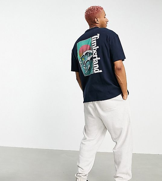 Timberland – Kurzärmliges T-Shirt in Marineblau mit grafischem Strandprint günstig online kaufen