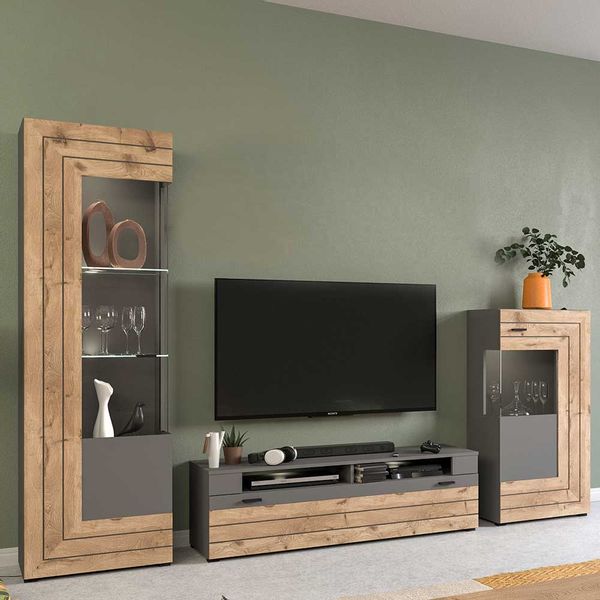 Wohnzimmeranbauwand modern in Wildeichefarben Grau (dreiteilig) günstig online kaufen