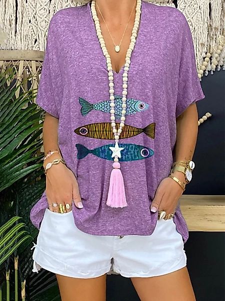 Fisch bedrucktes Kurzarm-T-Shirt mit V-Ausschnitt für Damen günstig online kaufen