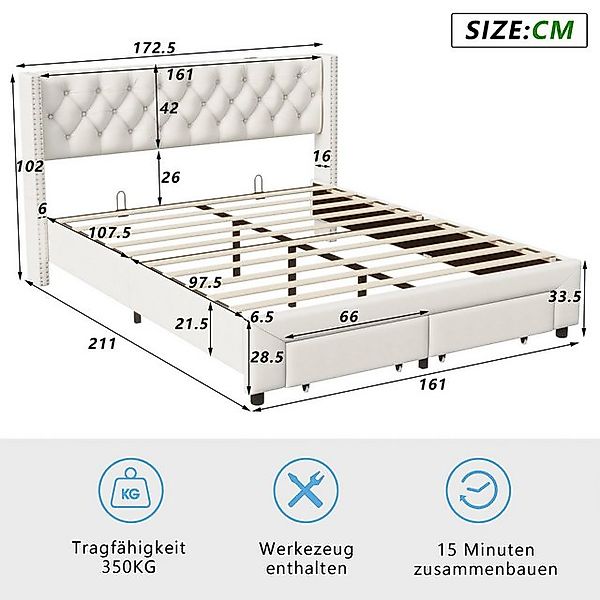 FUROKOY Polsterbett Doppelbett Nietbett Bett mit Stauraum,Beige (Schublade günstig online kaufen