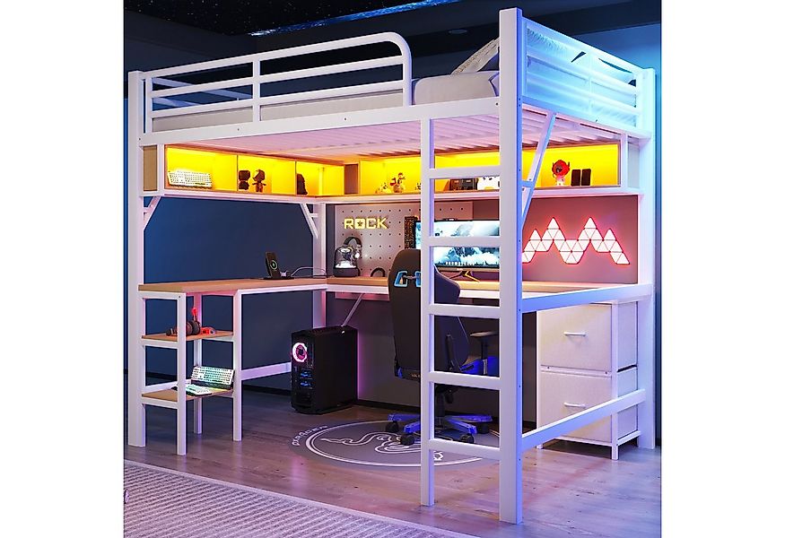 Merax Hochbett 140x200cm Metallbett mit LED-Beleuchtung & USB-Anschluss (1- günstig online kaufen