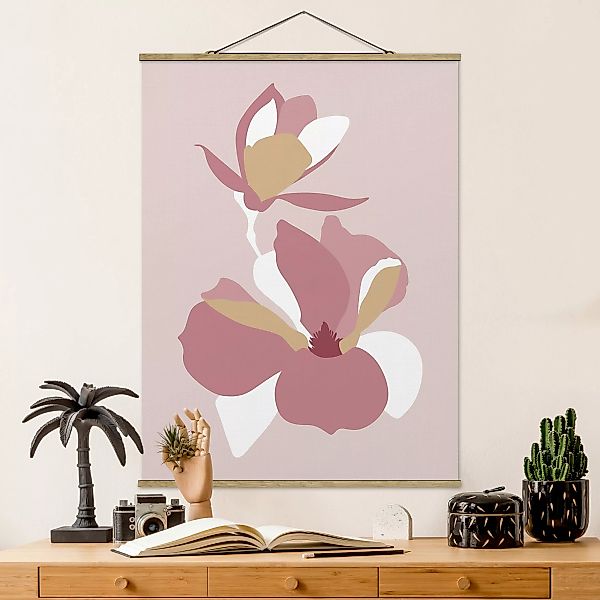 Stoffbild Blumen mit Posterleisten - Hochformat Line Art Blüten Pastell Ros günstig online kaufen